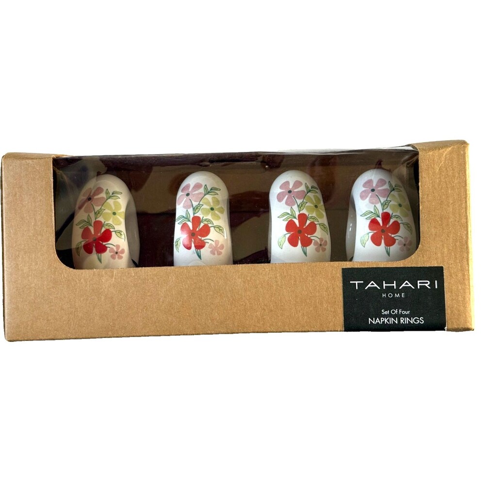 Tahari Home Napkin Rings Spring Flowers on White Ceramic Spring Summer Set of 4